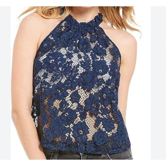 Free People Lace Top L Navy Sweet Meadow Dreams High Neck Sheer EUC - Picture 1 of 8